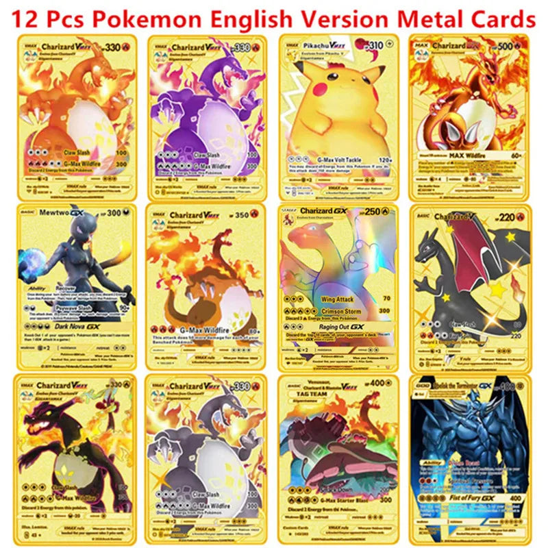 English Espanol Version 6-12 Pcs/Set Pokemon Metal Card Anime Figure Charizard Pikachu Battle Collection Carte Cards Toy Gifts