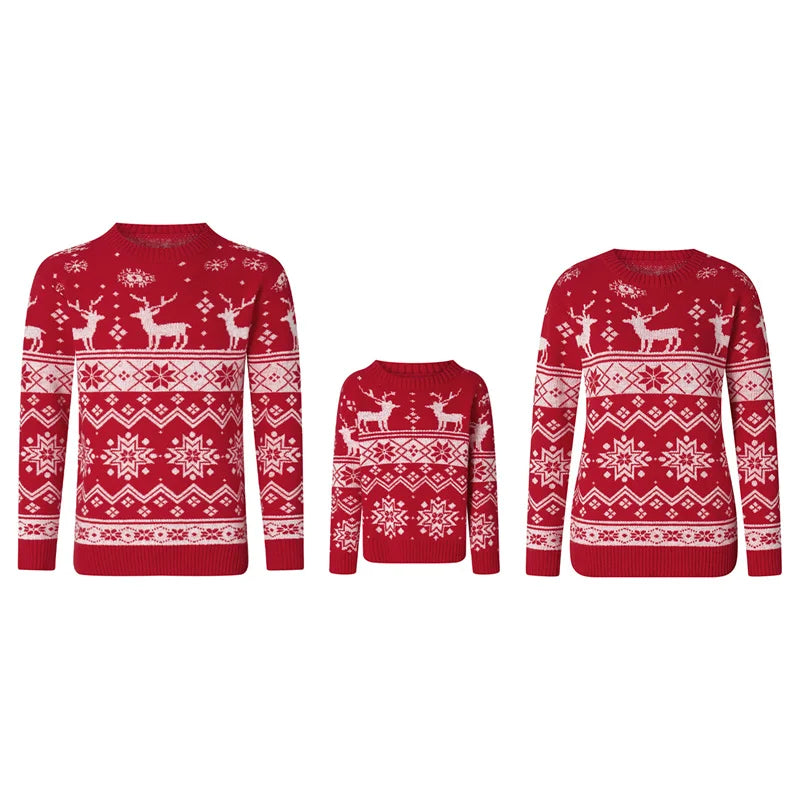Christmas Family Matching Sweaters Snowflake Pattern Round Neck Long Sleeve Knitted Pullover Tops Adult Kids Clothes Streetwear