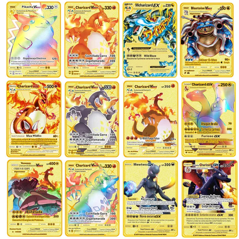 English Espanol Version 6-12 Pcs/Set Pokemon Metal Card Anime Figure Charizard Pikachu Battle Collection Carte Cards Toy Gifts