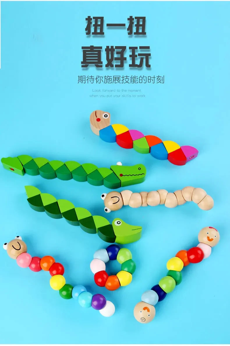 Wooden Smooth Blocks Caterpillar Toys Cartoon Colorful Twisted Insect Crocodile Block Ability Game Baby Fingers Exercise Gadget