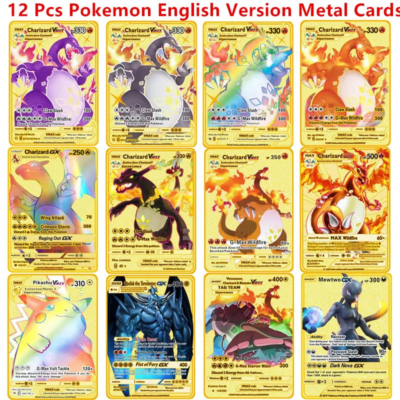 English Espanol Version 6-12 Pcs/Set Pokemon Metal Card Anime Figure Charizard Pikachu Battle Collection Carte Cards Toy Gifts