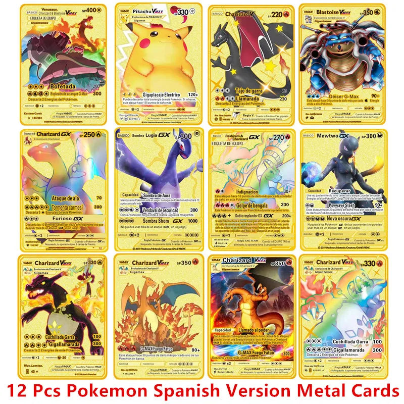 English Espanol Version 6-12 Pcs/Set Pokemon Metal Card Anime Figure Charizard Pikachu Battle Collection Carte Cards Toy Gifts