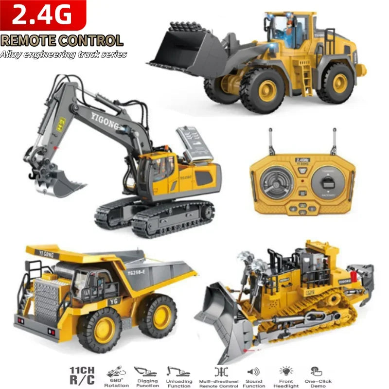 2.4Ghz RC Remote Control Excavator Construction Vehicle Toy for Kids with Alloy Metal Cap, Light & Sound