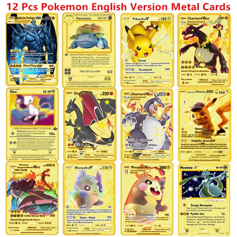 6-12 Pcs/Set Pokemon Metal Card English Spanish Version Anime Figure Charizard Pikachu Battle Trading Pocket Monster Cards Toy
