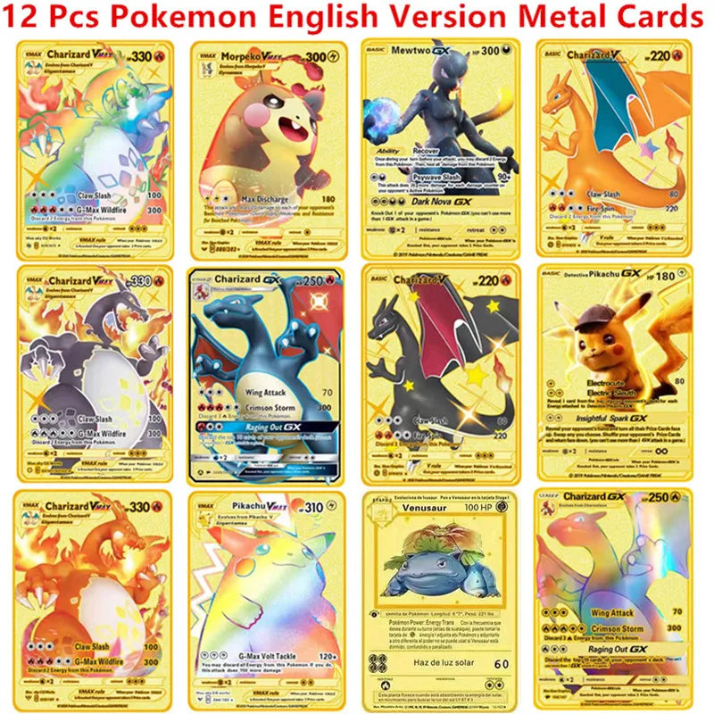 English Espanol Version 6-12 Pcs/Set Pokemon Metal Card Anime Figure Charizard Pikachu Battle Collection Carte Cards Toy Gifts