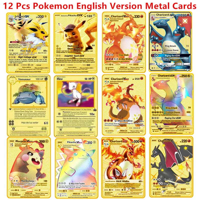 English Espanol Version 6-12 Pcs/Set Pokemon Metal Card Anime Figure Charizard Pikachu Battle Collection Carte Cards Toy Gifts