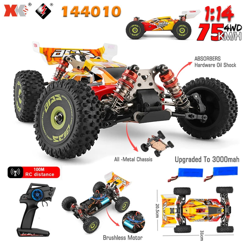 WLtoys 144010 RC Car Brushless 1:14 75Km/H High Speed Metal 4WD Drive Off-Road 2.4G Transmitter 1/14 RC Car 144001 Upgraded