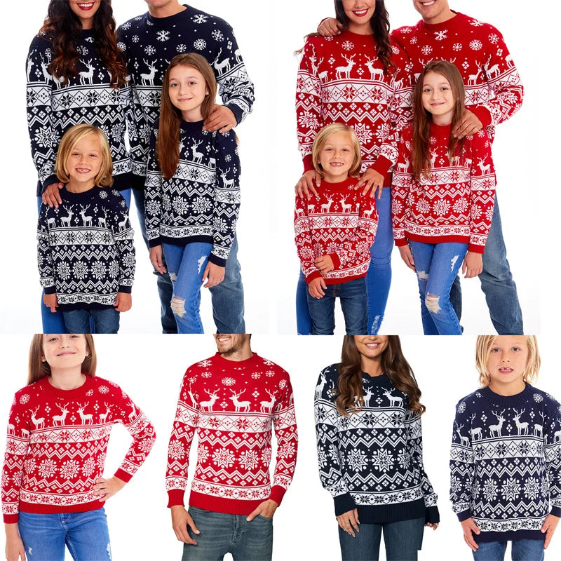 Christmas Family Matching Sweaters Snowflake Pattern Round Neck Long Sleeve Knitted Pullover Tops Adult Kids Clothes Streetwear