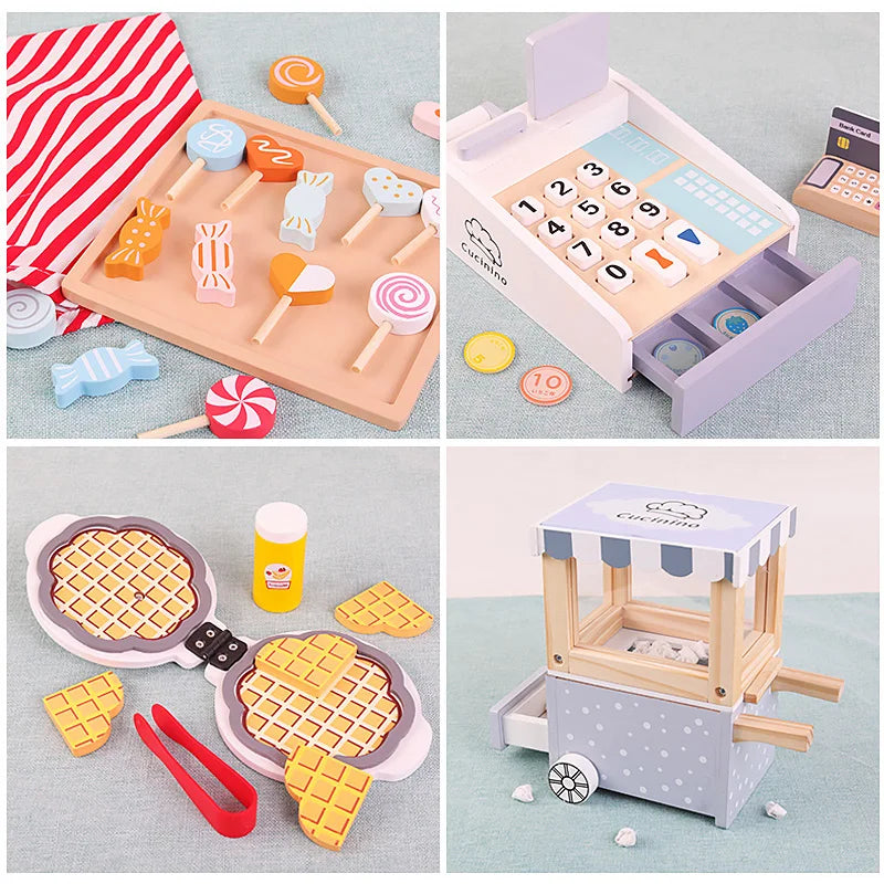 Wooden Children  Play House Toy Simulation Real Life Popcorn Sales Cart Cash Register Toys for boy girl birthday gifts Waffle
