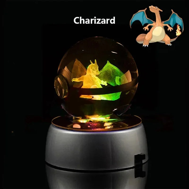 Pokemon 3d Crystal Ball Pikachu Figure Pokeball Engraving Crystal Charizard Model With Led Light Base Kids Toys Anime Gift