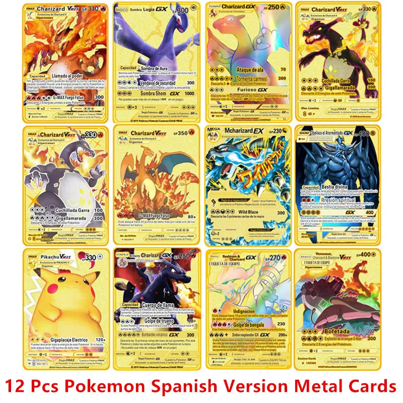 English Espanol Version 6-12 Pcs/Set Pokemon Metal Card Anime Figure Charizard Pikachu Battle Collection Carte Cards Toy Gifts