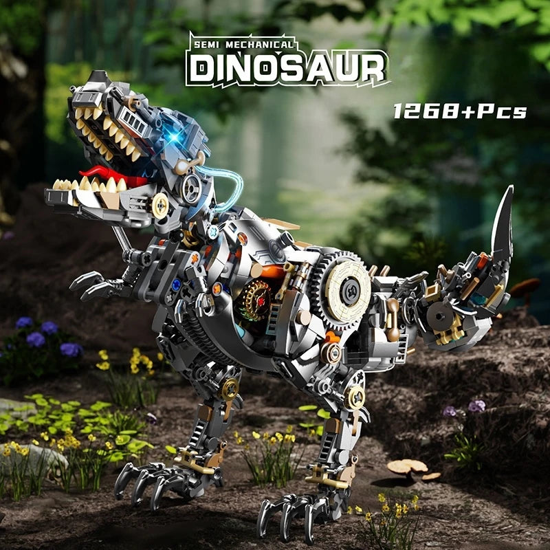 Mechanical Dinosaur STEM Building Blocks – Jurassic T-Rex Model with Light Assembly Toy for Kids Gift