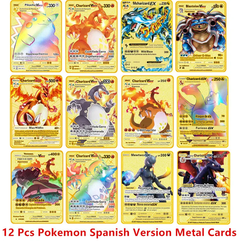 English Espanol Version 6-12 Pcs/Set Pokemon Metal Card Anime Figure Charizard Pikachu Battle Collection Carte Cards Toy Gifts