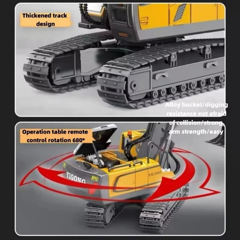 2.4Ghz RC Remote Control Excavator Construction Vehicle Toy for Kids with Alloy Metal Cap, Light & Sound