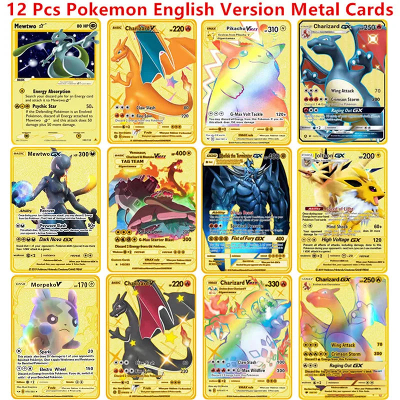 6-12 Pcs/Set Pokemon Metal Card English Spanish Version Anime Figure Charizard Pikachu Battle Trading Pocket Monster Cards Toy