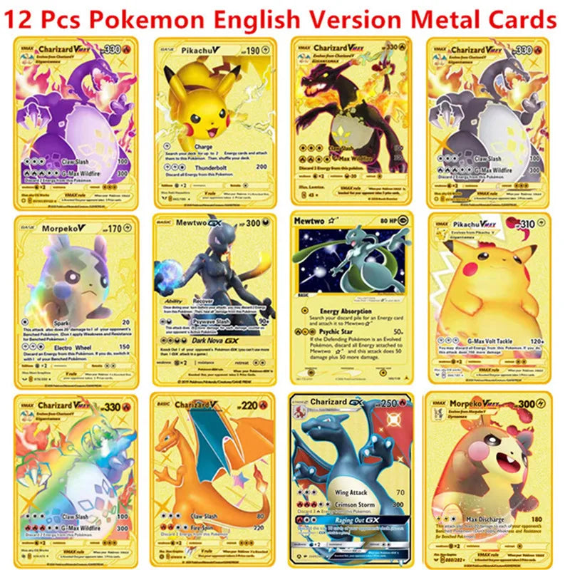 English Espanol Version 6-12 Pcs/Set Pokemon Metal Card Anime Figure Charizard Pikachu Battle Collection Carte Cards Toy Gifts