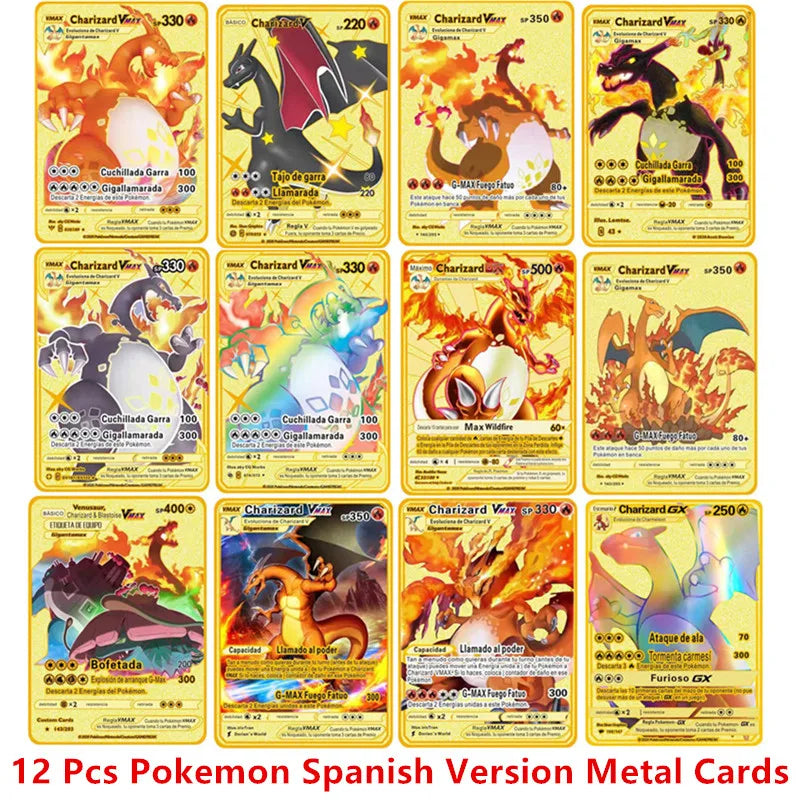 English Espanol Version 6-12 Pcs/Set Pokemon Metal Card Anime Figure Charizard Pikachu Battle Collection Carte Cards Toy Gifts