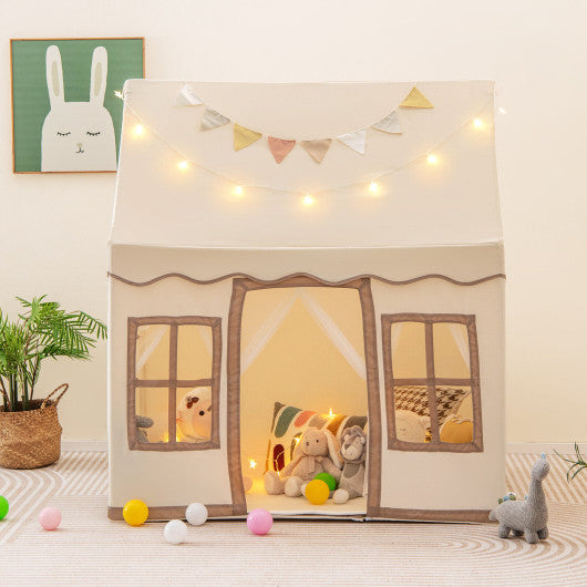 Toddler Large Playhouse with Star String Lights-Brown
