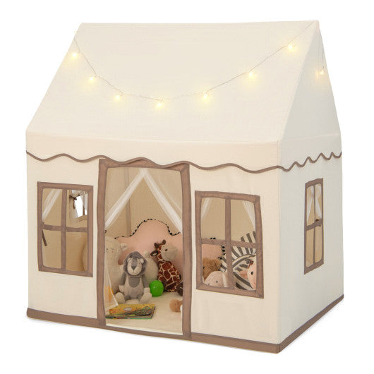 Toddler Large Playhouse with Star String Lights-Brown