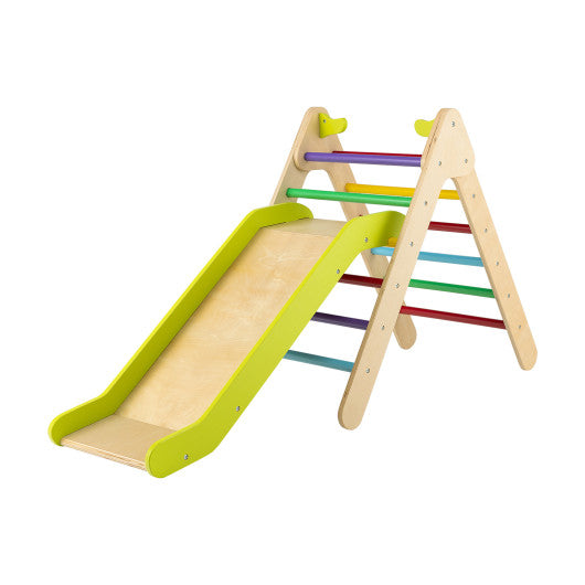 2-in-1 Wooden Triangle Climber Set with Gradient Adjustable Slide-Multicolor