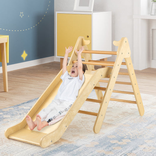 2-in-1 Wooden Triangle Climber Set with Gradient Adjustable Slide-Natural