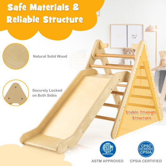 2-in-1 Wooden Triangle Climber Set with Gradient Adjustable Slide-Natural