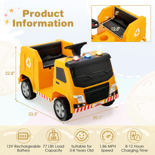12V Kids Ride-on  Garbage Truck with Warning Lights and 6 Recycling Accessories-Yellow