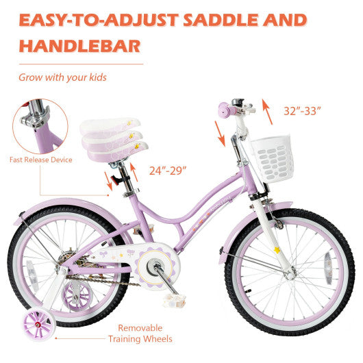18 Inch Kids Adjustable Bike with Training Wheels-Purple