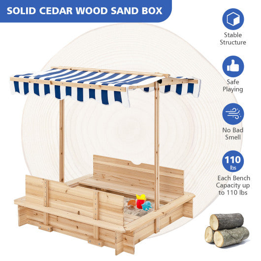 Kids Wooden Sandbox with Canopy and Bench Seats
