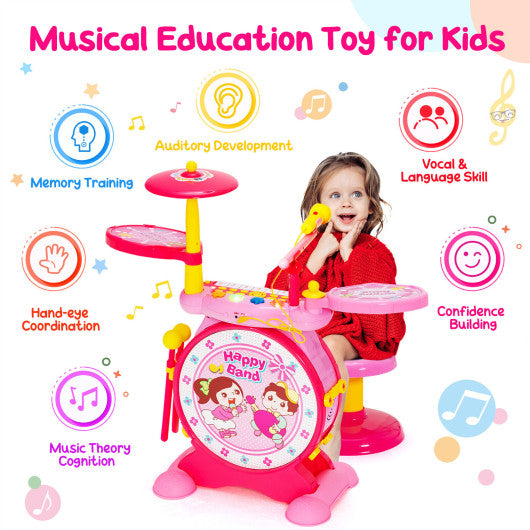 2-in-1 Kids Electronic Drum and Keyboard Set with Stool-Pink