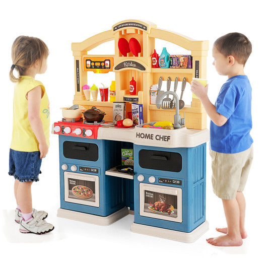 69 Pieces Kitchen Playset Toys with Realistic Lights and Sounds-Blue
