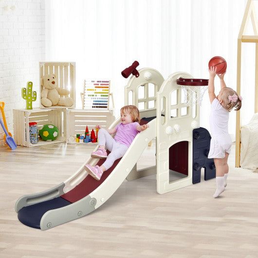 6-In-1 Large Slide for Kids Toddler Climber Slide Playset with Basketball Hoop-Blue