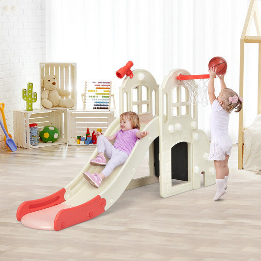 6-In-1 Large Slide for Kids Toddler Climber Slide Playset with Basketball Hoop-Pink