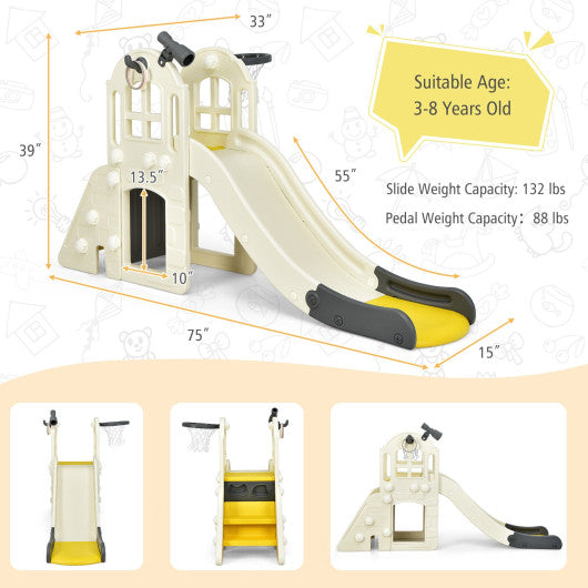 6-In-1 Large Slide for Kids Toddler Climber Slide Playset with Basketball Hoop-Yellow