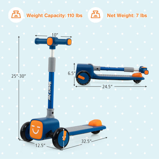 Folding Adjustable Kids Toy Scooter with LED Flashing Wheels Horn 4 Emoji Covers-Blue
