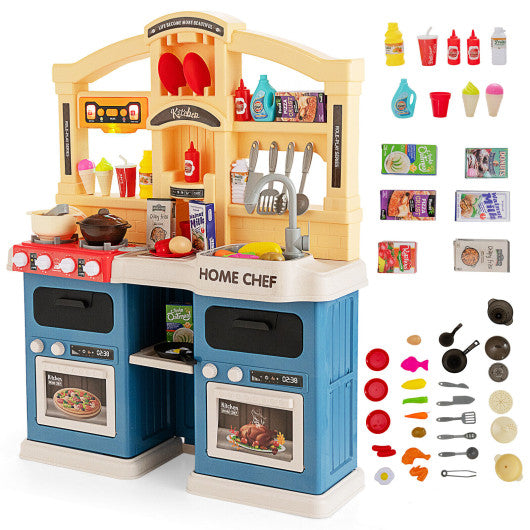 69 Pieces Kitchen Playset Toys with Realistic Lights and Sounds-Blue