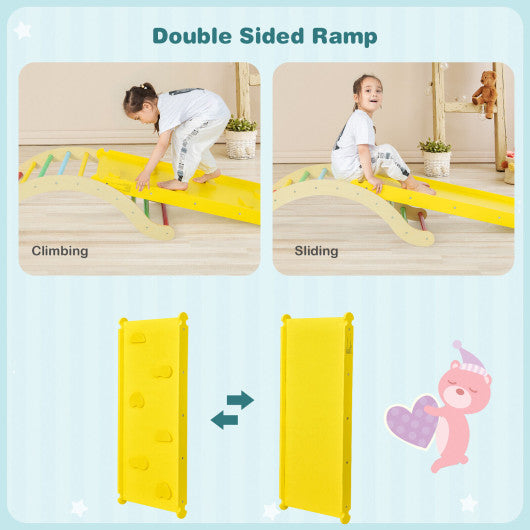3-in-1 Kids Climber Set Wooden Arch Triangle Rocker with Ramp and Mat