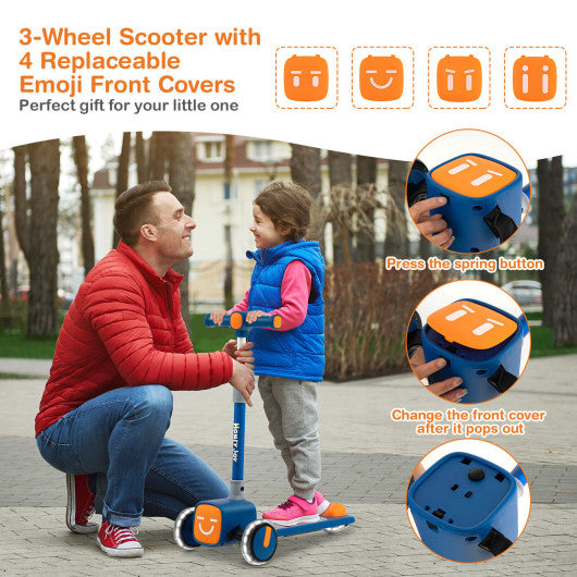 Folding Adjustable Kids Toy Scooter with LED Flashing Wheels Horn 4 Emoji Covers-Blue