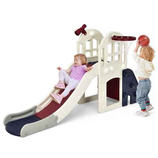 6-In-1 Large Slide for Kids Toddler Climber Slide Playset with Basketball Hoop-Blue