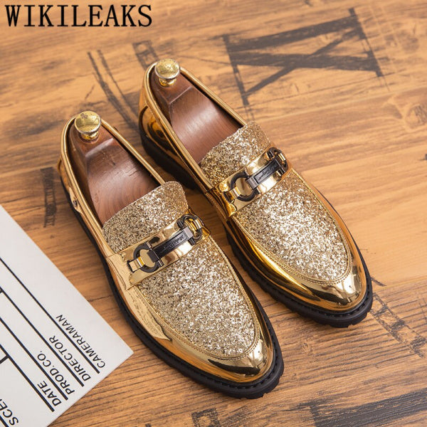 Luxury Shoes Coiffeur Party Shoes Men Formal Slip Dress Glitter Designer Shoes Men Classic Gold Italian Dress Chaussure Homme