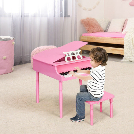 30-Key Wood Toy Kids Grand Piano with Bench & Music Rack-Pink