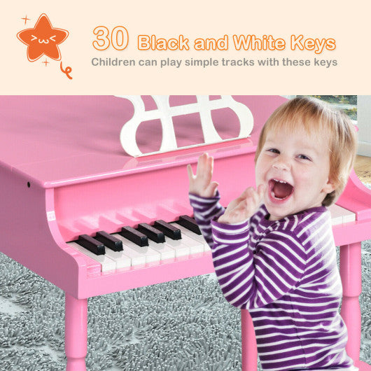 30-Key Wood Toy Kids Grand Piano with Bench & Music Rack-Pink