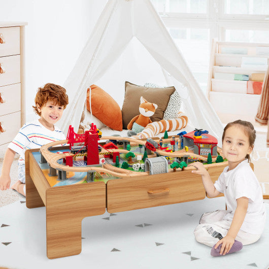 Kids Double-Sided Wooden Train Table Playset with Storage Drawer