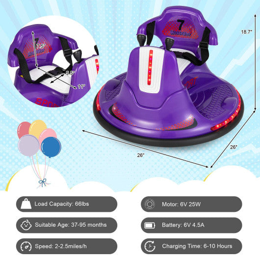 6V Bumper Car for Kids Toddlers Electric Ride On Car Vehicle with 360° Spin-Purple