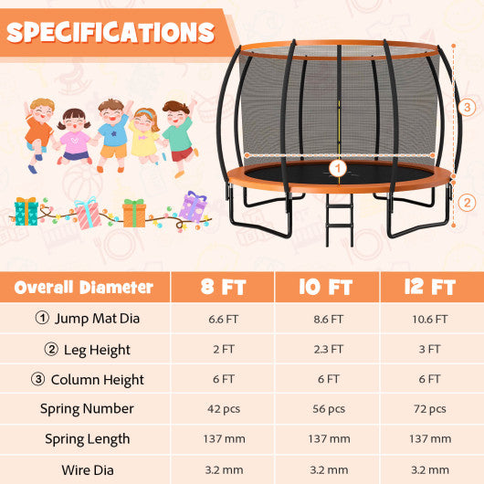 12FT ASTM Approved Recreational Trampoline with Ladder-Orange
