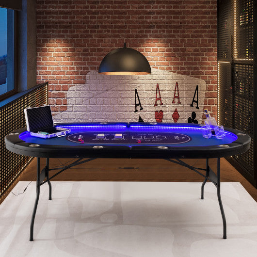 Foldable 10-Player Poker Table with LED Lights and USB Ports Ideal for Texas Casino-Blue