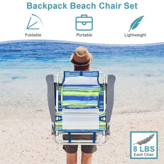 2 Packs 5-Position Outdoor Folding Backpack Beach Table Chair Reclining Chair Set-Blue