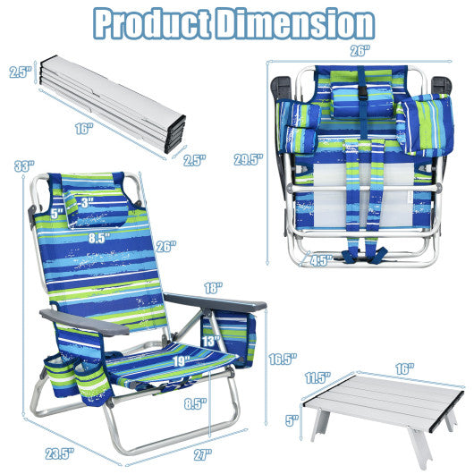 2 Packs 5-Position Outdoor Folding Backpack Beach Table Chair Reclining Chair Set-Blue