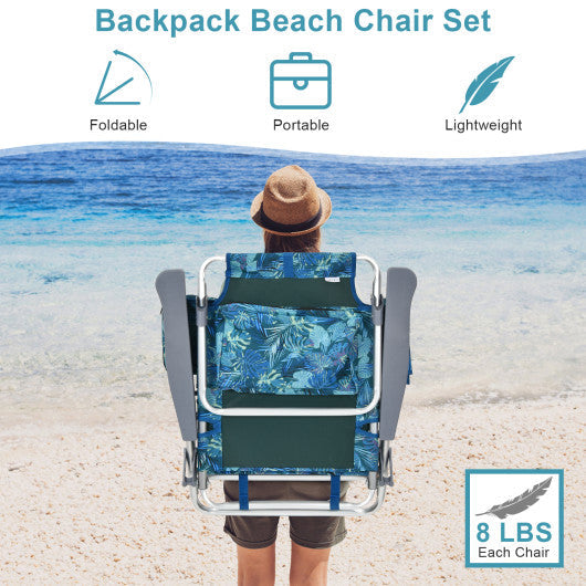 2 Packs 5-Position Outdoor Folding Backpack Beach Table Chair Reclining Chair Set-Multicolor