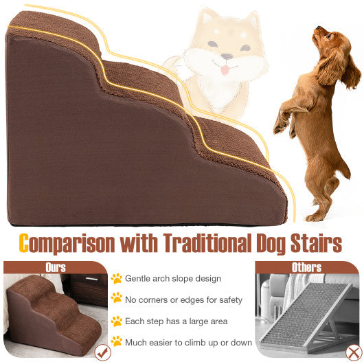 3-Tier Non-Slip Dog Steps with High-Density Sponge and Silicone Paw Prints-Brown